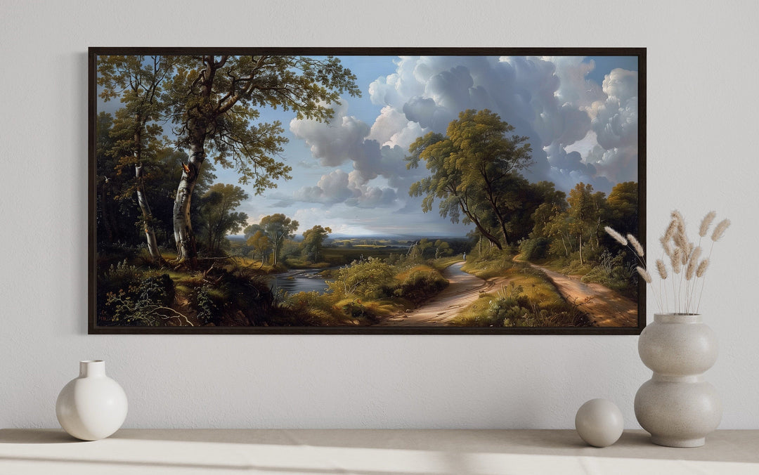 Antique Style Nature River Landscape Framed Canvas Wall Art