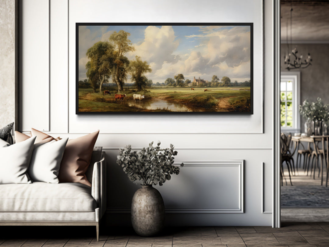 Antique Style Pastoral Country Landscape With Cows Framed Canvas Wall Art