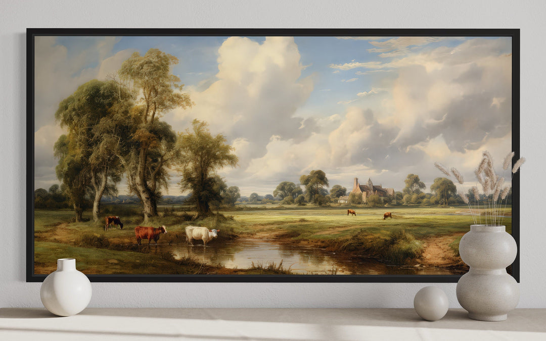 Antique Style Pastoral Country Landscape With Cows Framed Canvas Wall Art