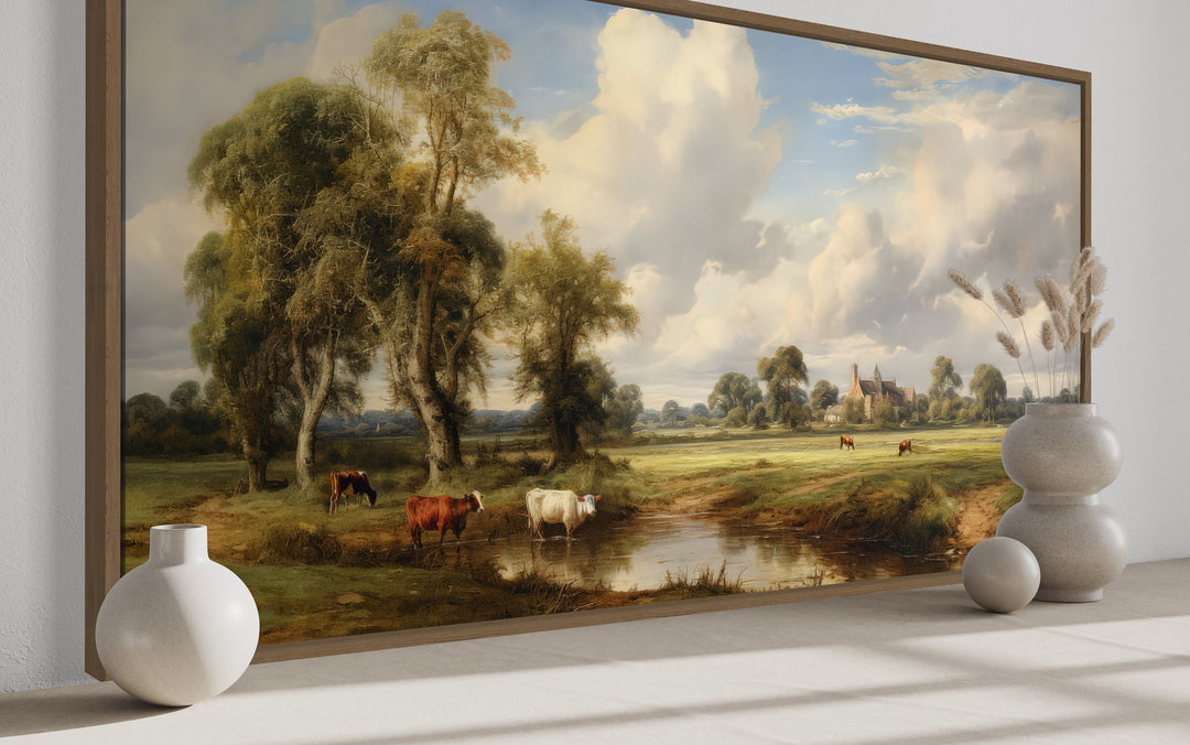 Antique Style Pastoral Country Landscape With Cows Framed Canvas Wall Art