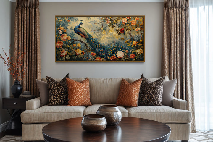 Antique Style Peacock In The Garden Tapestry Framed Canvas Wall Art