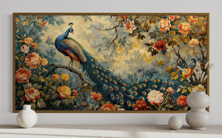 Antique style framed canvas wall art of a peacock in a lush floral garden with vintage tapestry details.