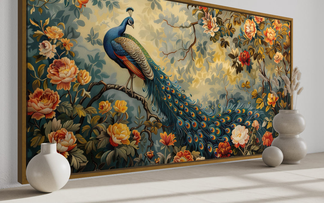 Antique style framed canvas wall art of a peacock in a lush garden with orange and white flowers.