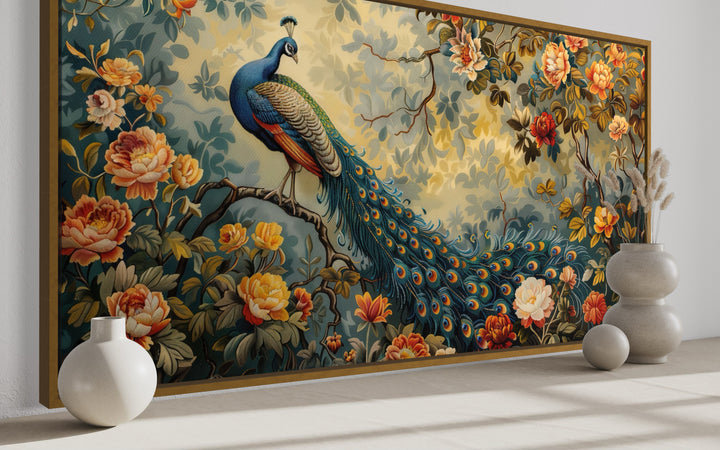 Antique style framed canvas wall art of a peacock in a lush garden with orange and white flowers.