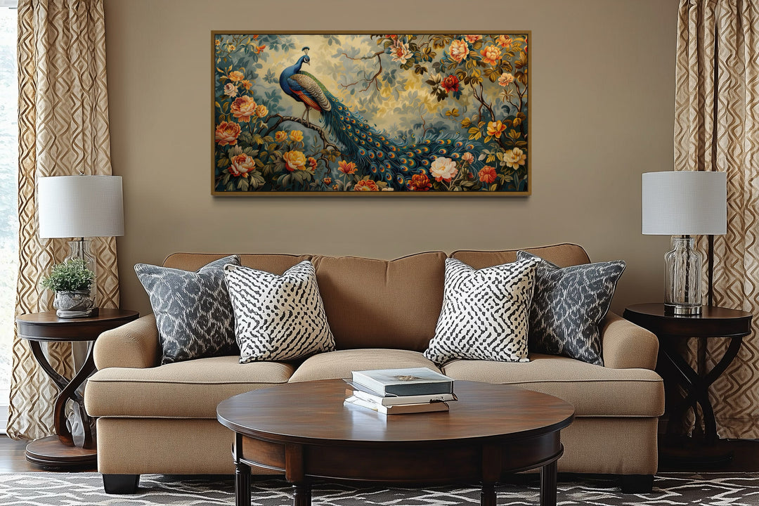 Antique Style Peacock In The Garden Tapestry Framed Canvas Wall Art