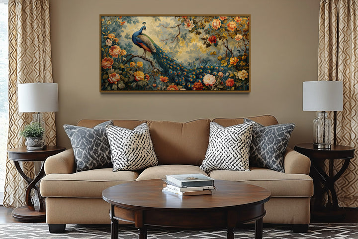 Antique Style Peacock In The Garden Tapestry Framed Canvas Wall Art