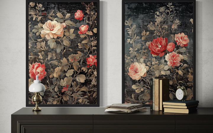 Set of 2 antique style rose tapestry wall art prints with vintage floral designs on a dark dresser.