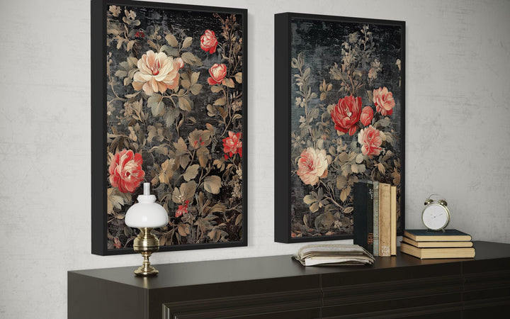 Set of 2 antique style rose tapestry canvas prints with vintage floral designs on a dark background.