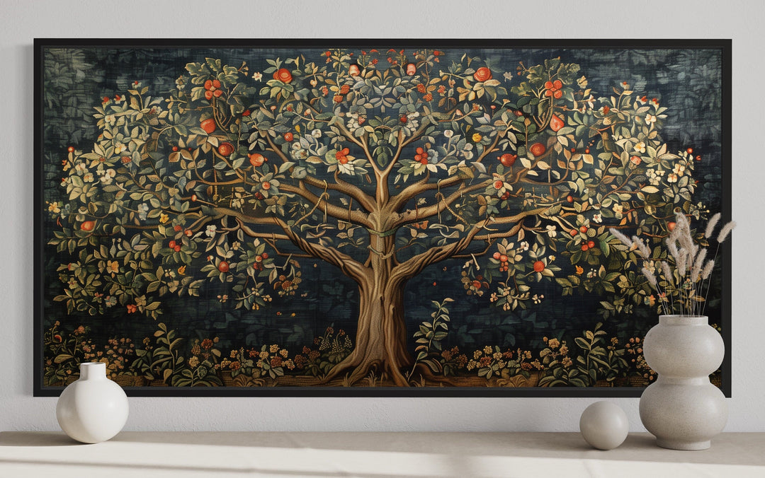 Antique Tapestry Style Tree Of Life Framed Canvas Wall Art