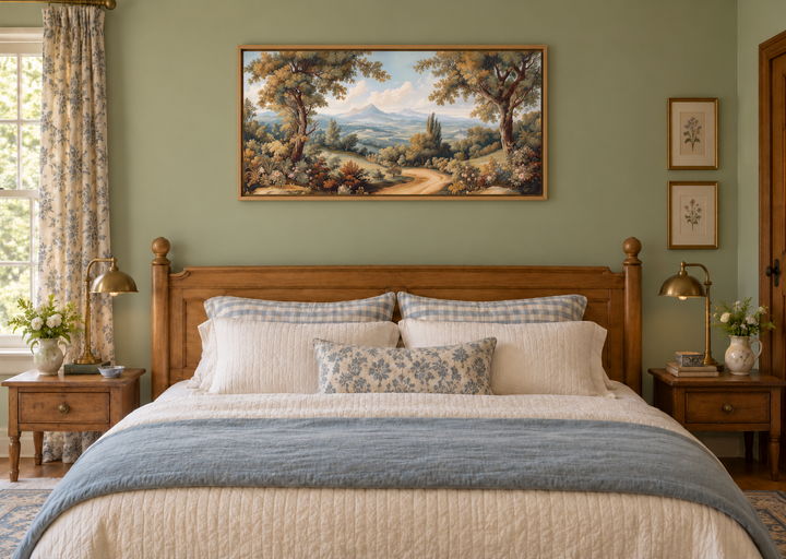 Framed antique style landscape tapestry wall art above a wooden bed in a green bedroom.