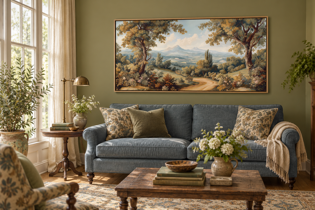 Framed antique style landscape canvas wall art above a blue sofa in a traditional living room.