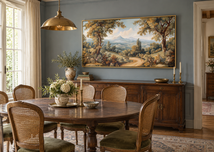 Framed antique style landscape canvas wall art in a classic European tapestry design.