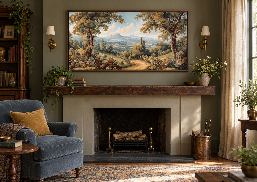 Framed antique style landscape tapestry wall art hanging above a rustic wooden fireplace mantel.