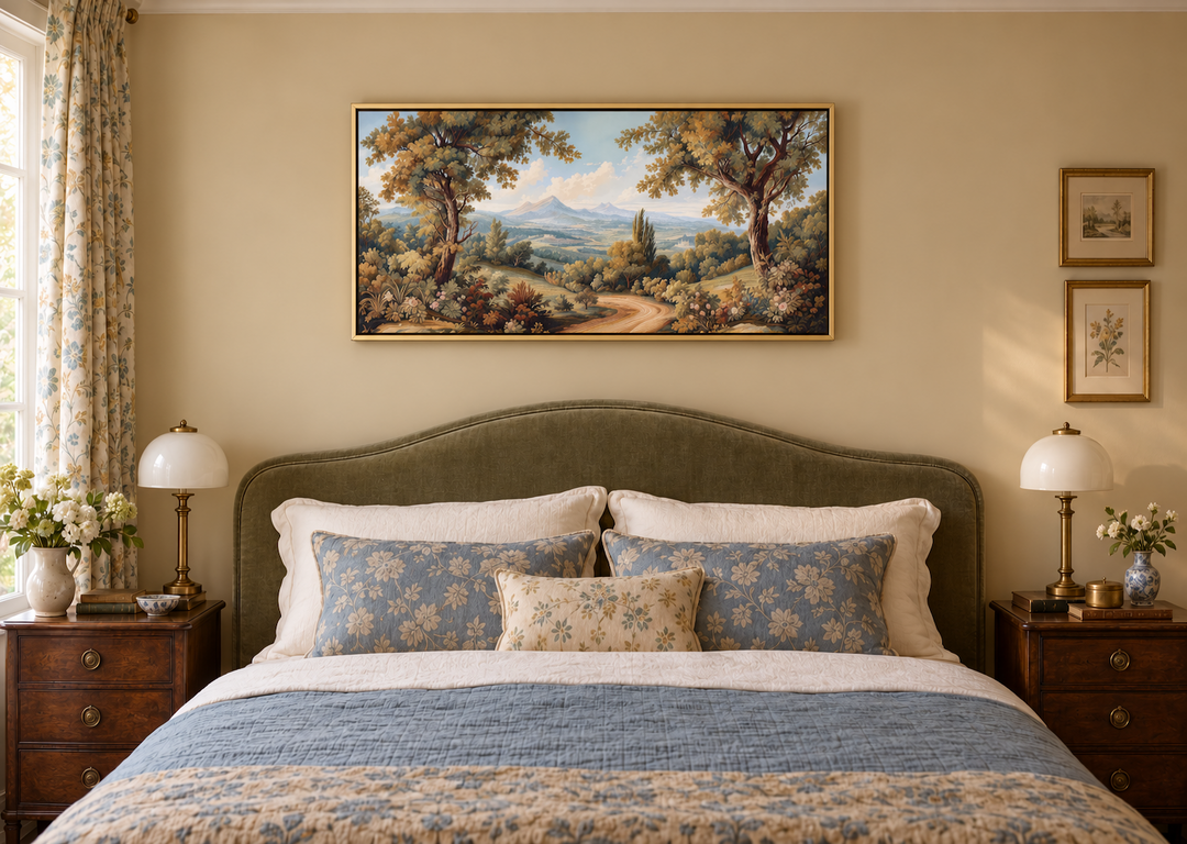 Framed antique style tapestry wall art featuring a classic European landscape above a bed.