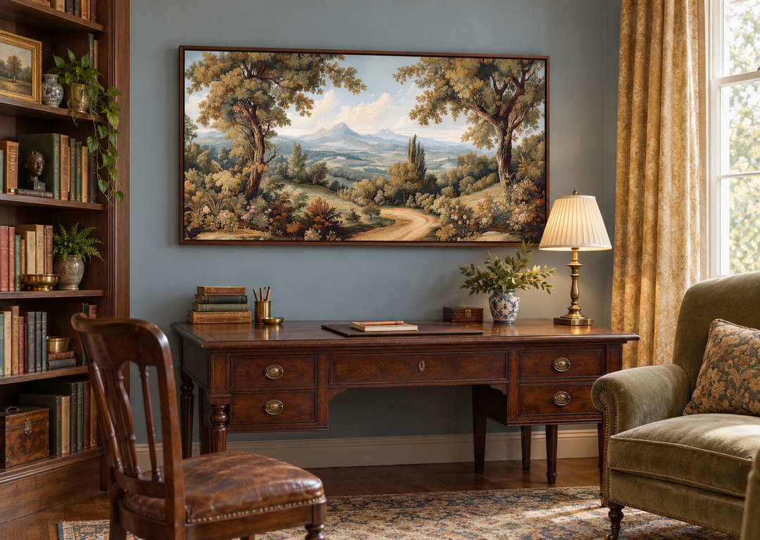 Framed antique style tapestry landscape canvas wall art above a classic wooden desk in a study.