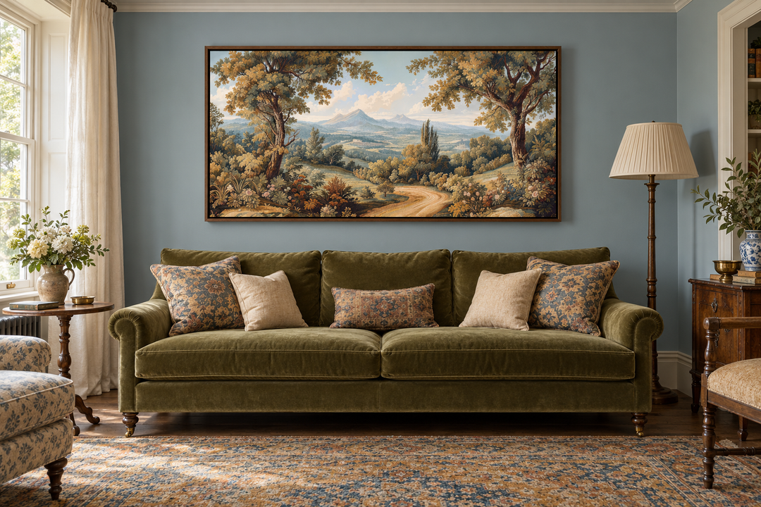 Framed antique style tapestry landscape canvas wall art above a green velvet sofa in a living room.