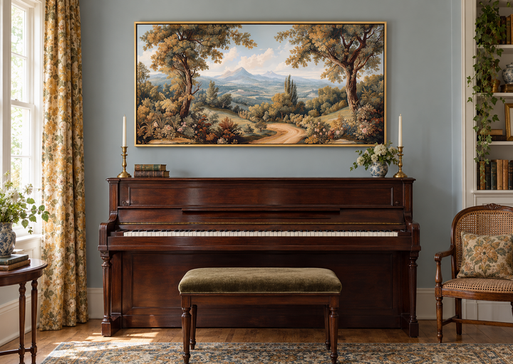 Framed antique style tapestry landscape canvas wall art hanging above a dark wood piano.