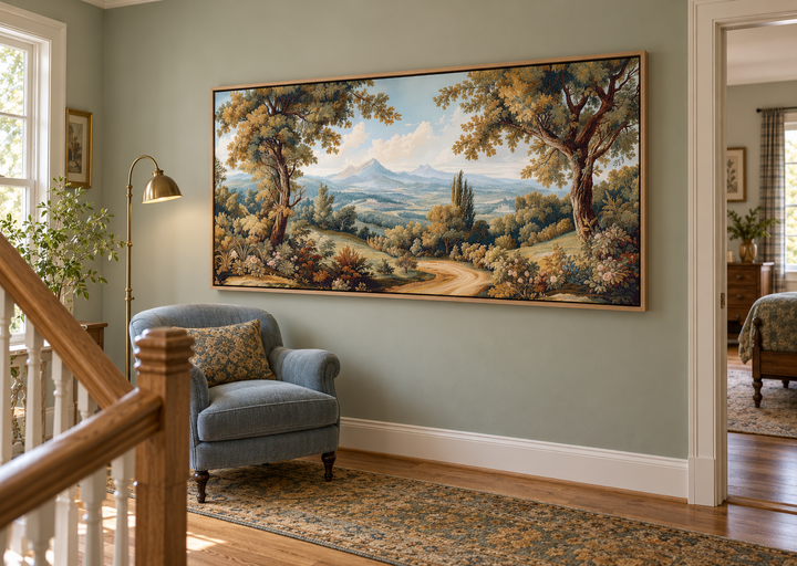 Framed antique style landscape canvas wall art in a classic European tapestry design.