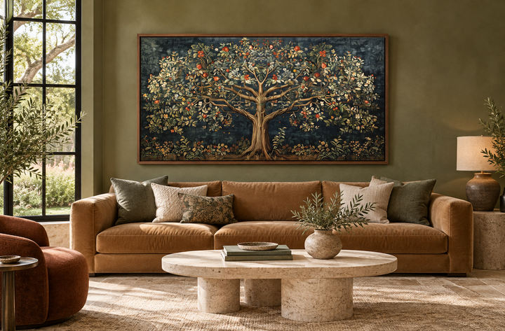 Antique Tapestry Style Tree Of Life Framed Canvas Wall Art