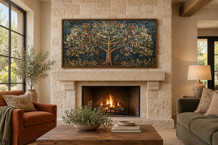 Antique Tapestry Style Tree Of Life Framed Canvas Wall Art