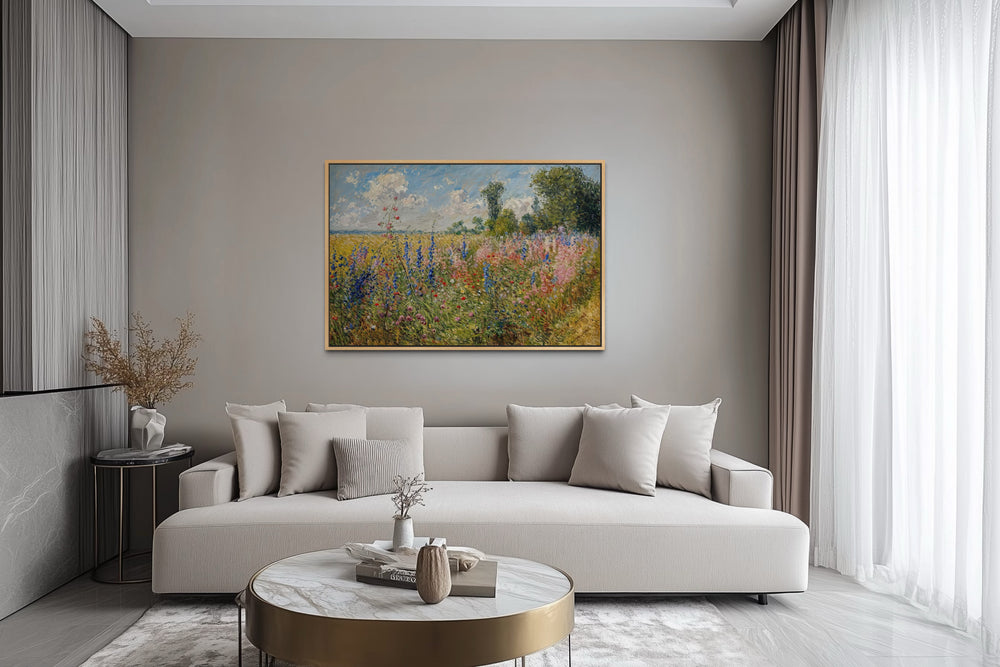 Antique Wildflowers Field Impressionist Framed Canvas Wall Art