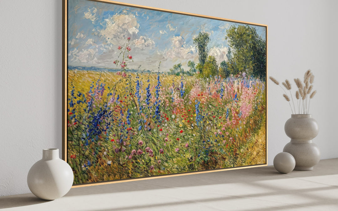 Antique Wildflowers Field Impressionist Framed Canvas Wall Art