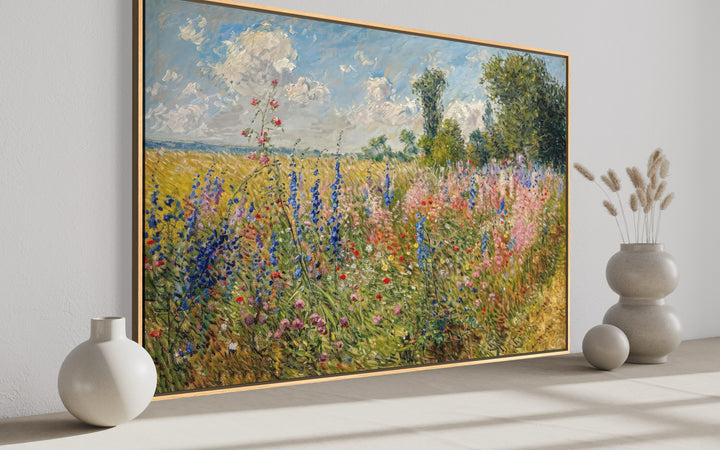 Antique Wildflowers Field Impressionist Framed Canvas Wall Art