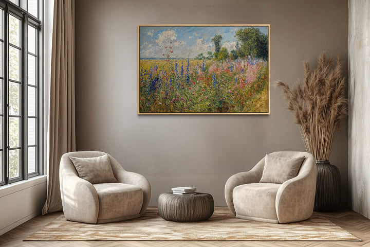 Antique Wildflowers Field Impressionist Framed Canvas Wall Art