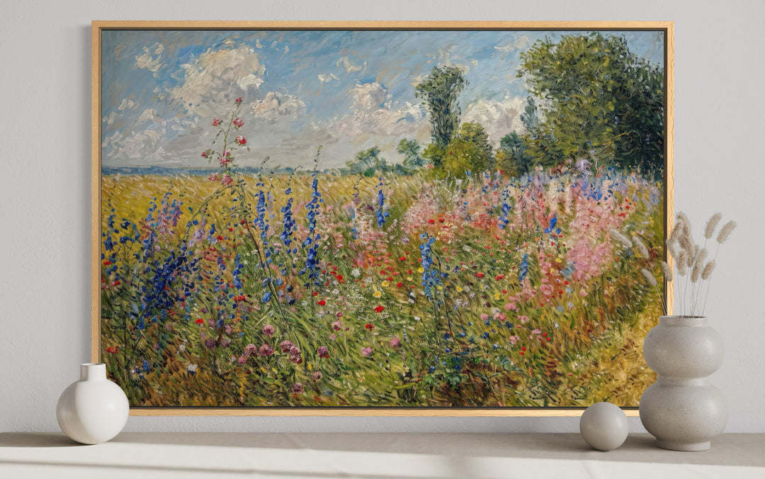 Antique Wildflowers Field Impressionist Framed Canvas Wall Art