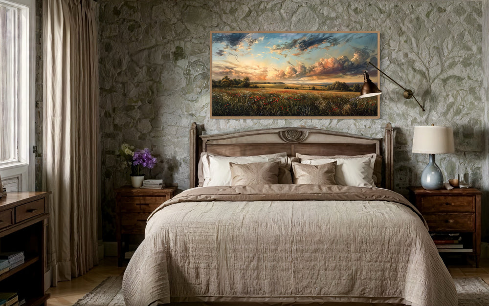 Antique Wildflowers Field Sunset Landscape Canvas Wall Art