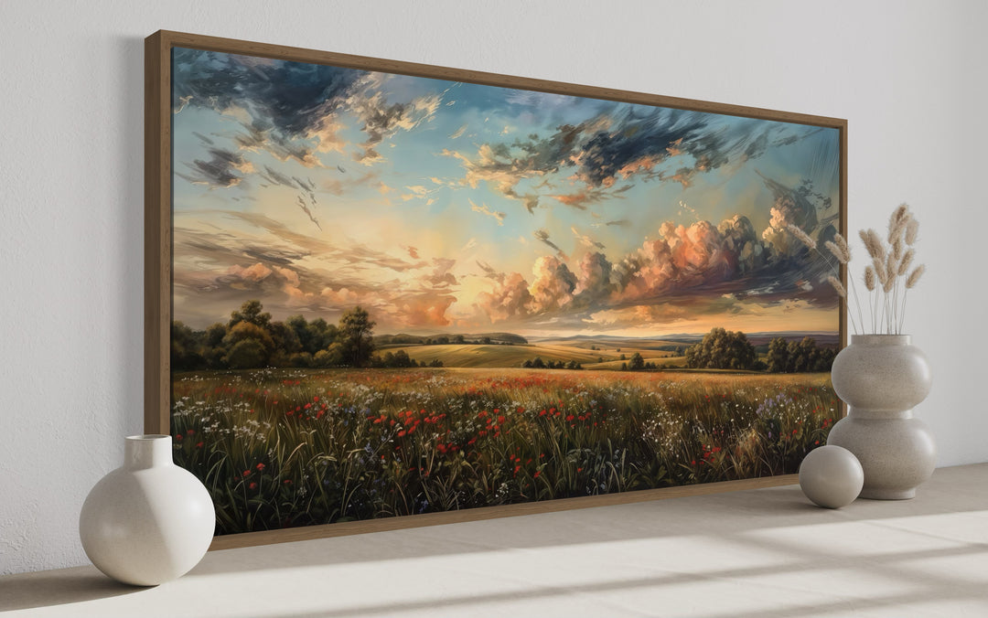 Antique Wildflowers Field Sunset Landscape Canvas Wall Art