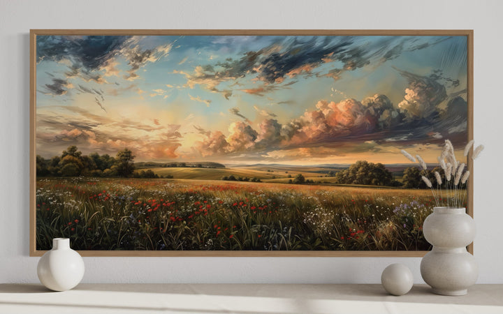 Antique Wildflowers Field Sunset Landscape Canvas Wall Art