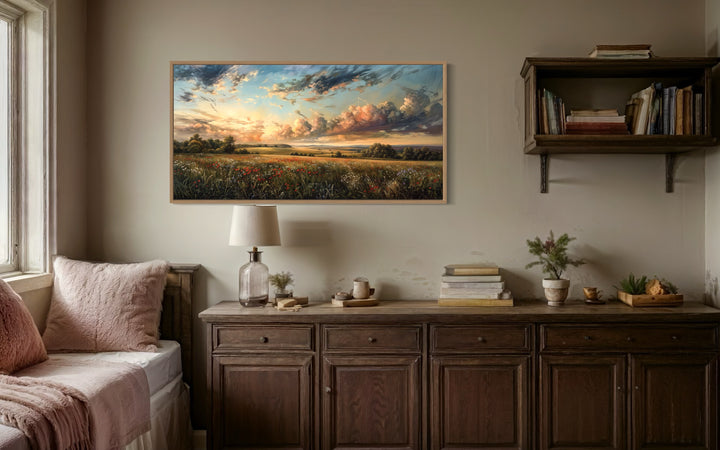 Antique Wildflowers Field Sunset Landscape Canvas Wall Art