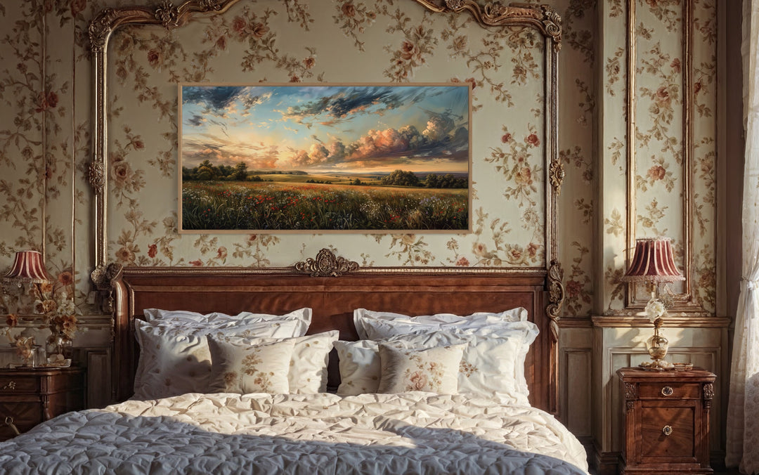 Antique Wildflowers Field Sunset Landscape Canvas Wall Art