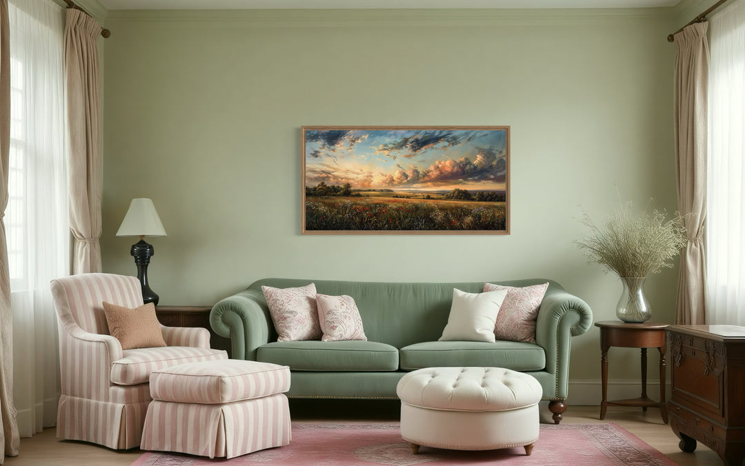 Antique Wildflowers Field Sunset Landscape Canvas Wall Art