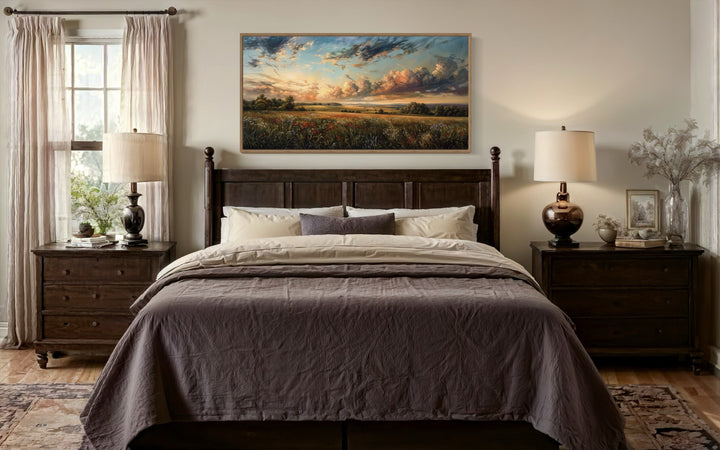 Antique Wildflowers Field Sunset Landscape Canvas Wall Art