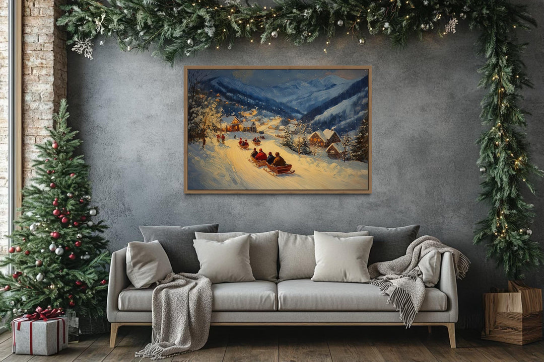 Antique Winter Sleigh Ride Christmas Night Canvas Wall Art