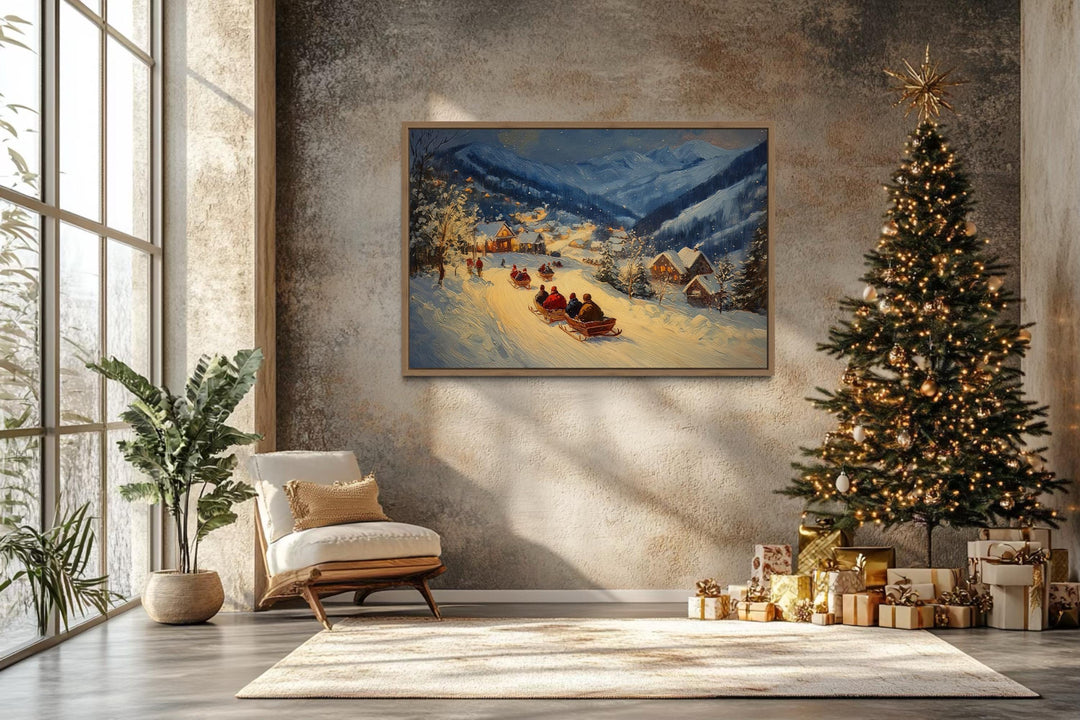 Antique Winter Sleigh Ride Christmas Night Canvas Wall Art