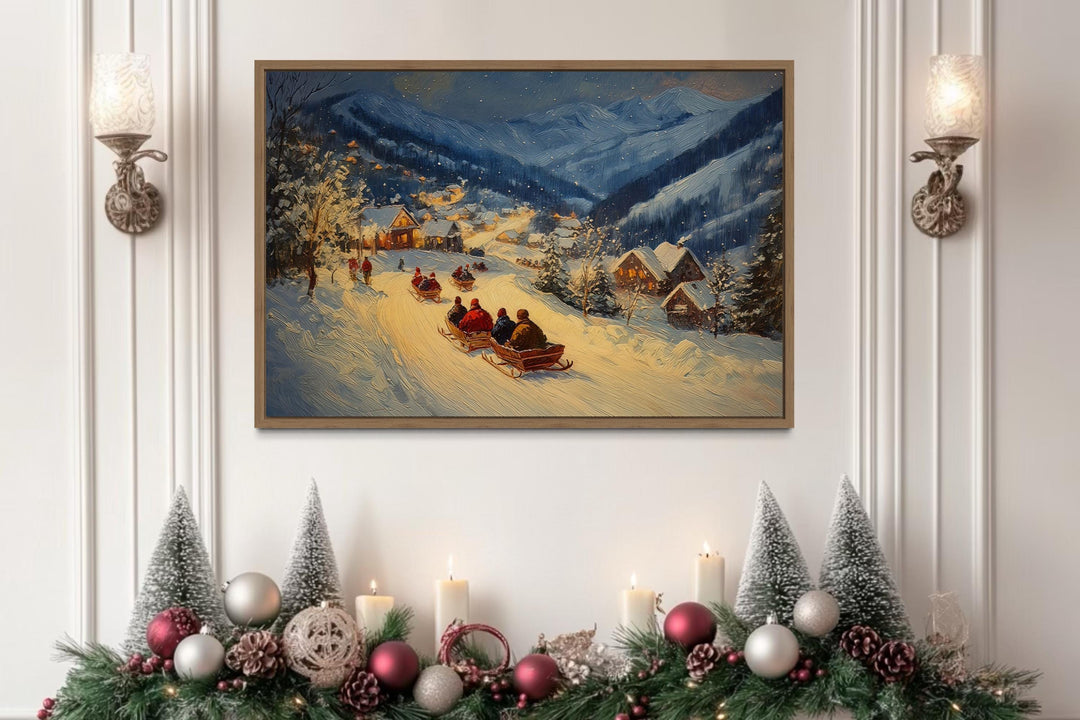 Antique Winter Sleigh Ride Christmas Night Canvas Wall Art