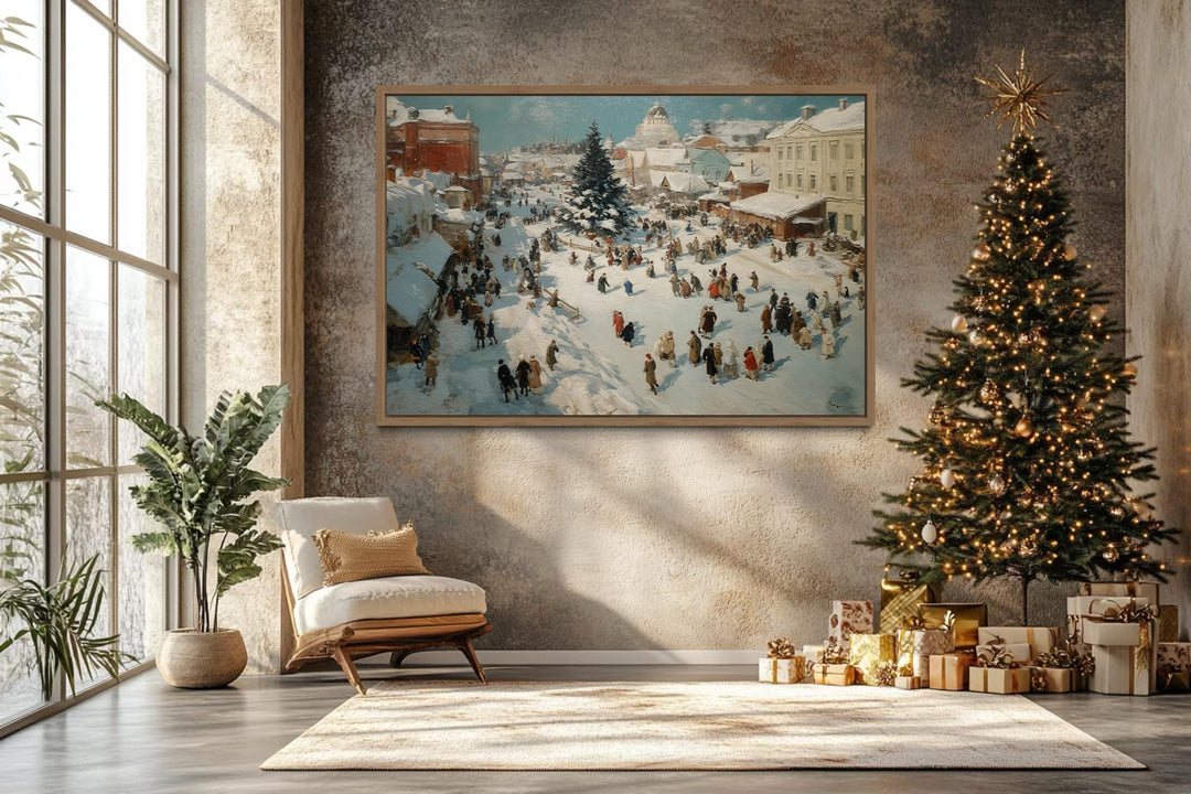 Antique Winter Village Christmas Market Scene Canvas Wall Art
