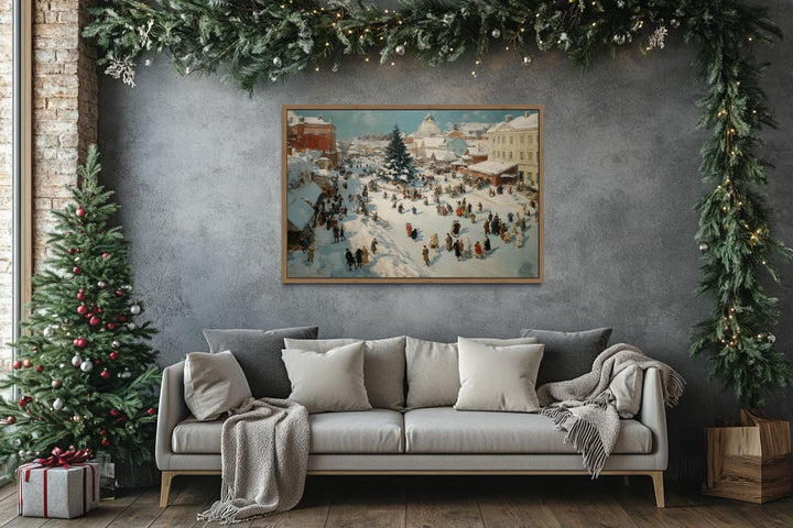 Antique Winter Village Christmas Market Scene Canvas Wall Art