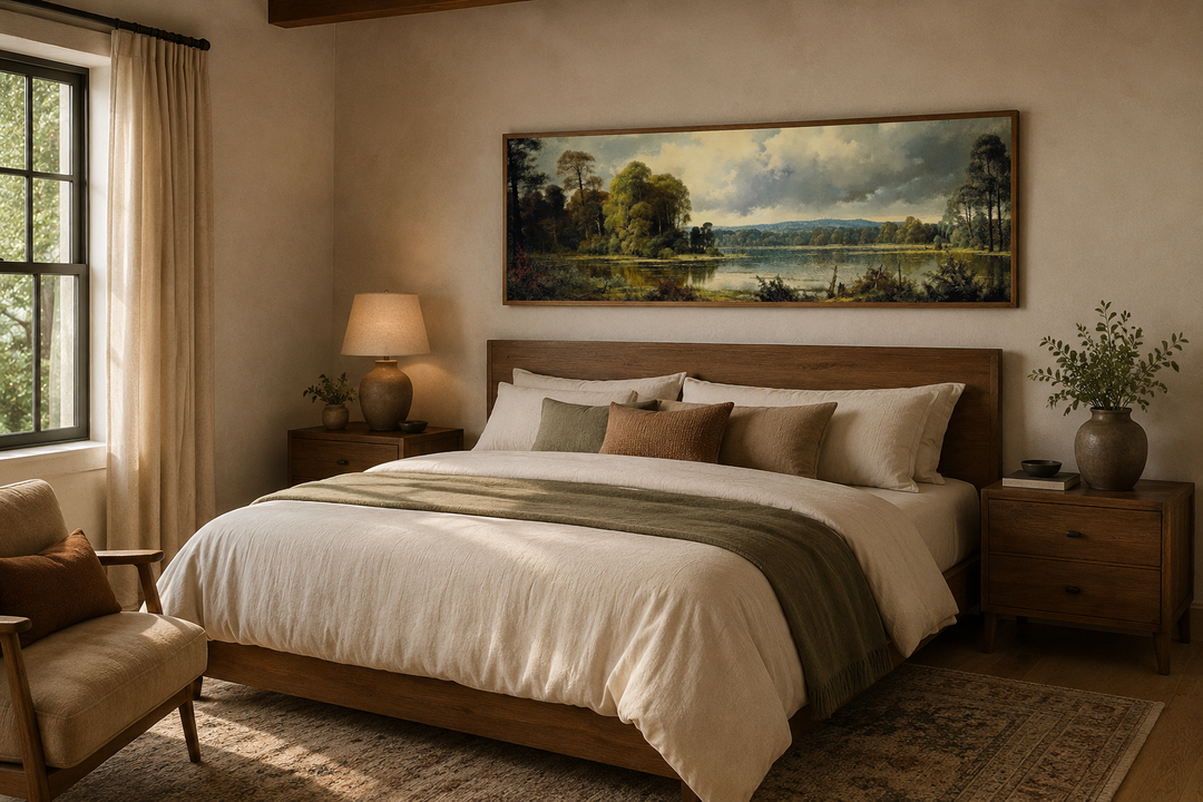 Vintage horizontal landscape painting of a lake and forest hanging above a wooden bed frame.