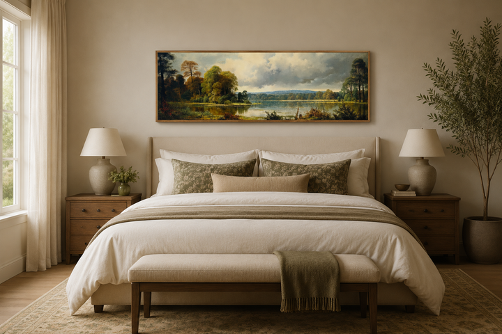Vintage horizontal landscape painting of a lake and forest above a bed in a neutral bedroom.