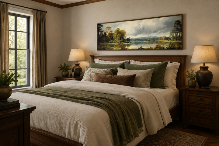 Vintage horizontal landscape painting of a lake and forest in a wooden frame above a bed.