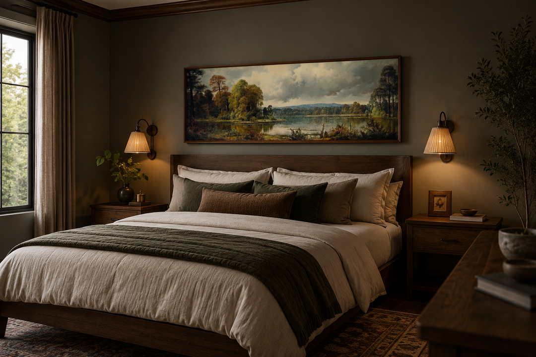 Vintage horizontal landscape painting of a lake and forest hanging above a bed in a cozy bedroom.