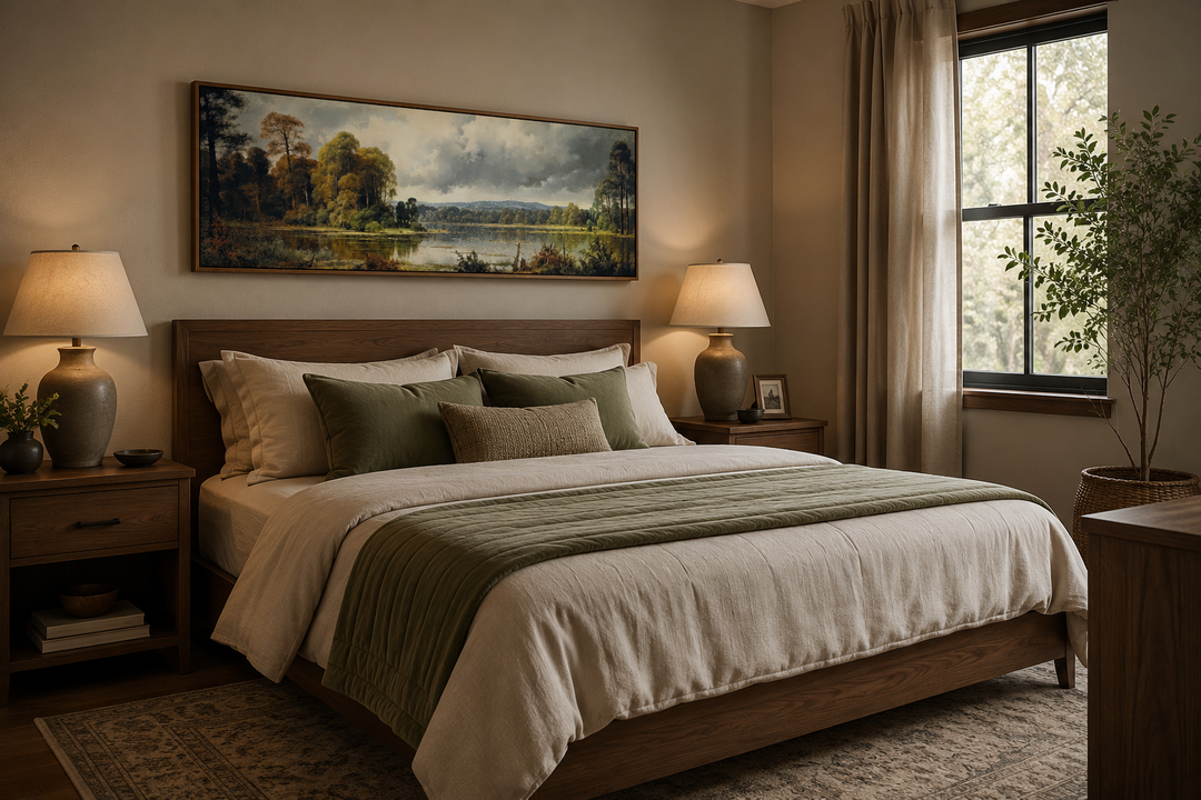 Vintage horizontal landscape painting of a lake and forest above a bed in a cozy bedroom.