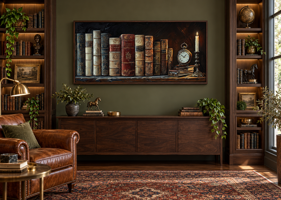 Vintage book spines framed canvas wall art hanging above a wooden sideboard in a library setting.