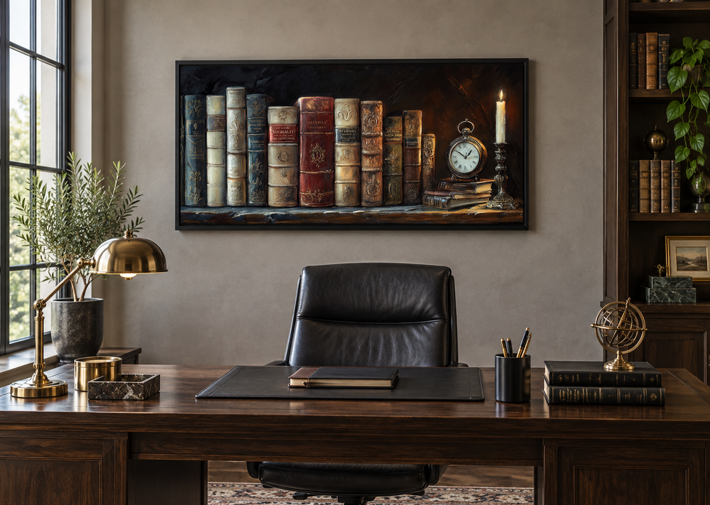 Vintage book spines framed canvas wall art hanging above a dark wood desk in a home office.
