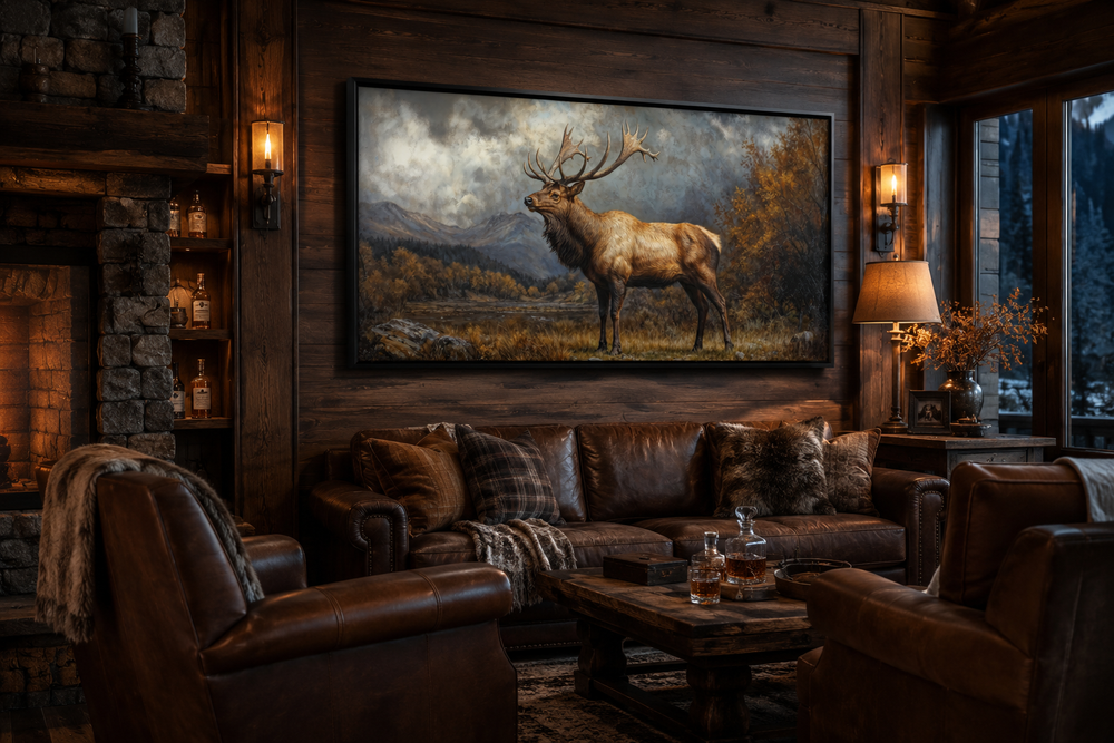 Antique elk in autumn mountains framed canvas wall art hanging above a leather sofa in a rustic den.