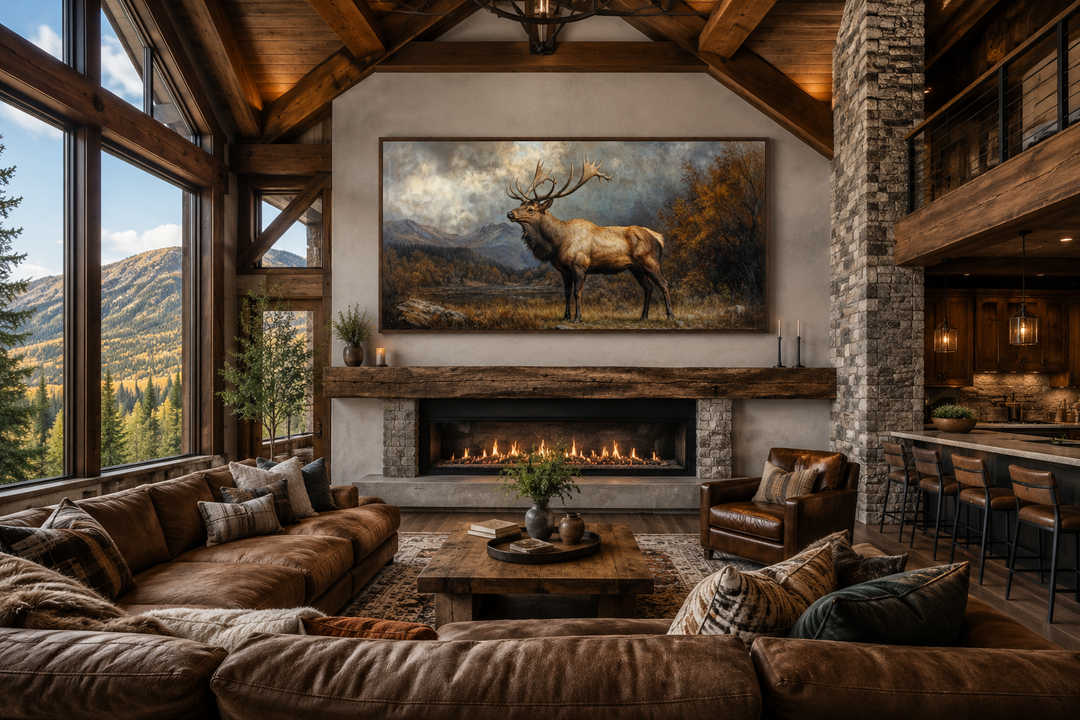 Antique elk in autumn mountains framed canvas wall art hanging above a fireplace in a rustic cabin.